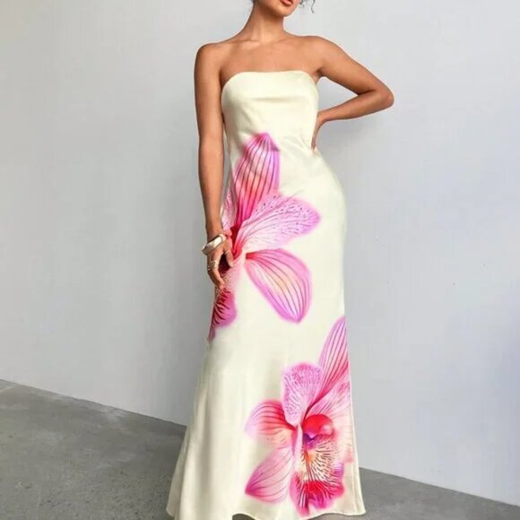 Yellow Elegant Women's Off-Shoulder Satin Maxi Dress with Flower Print - Picture 1 of 5